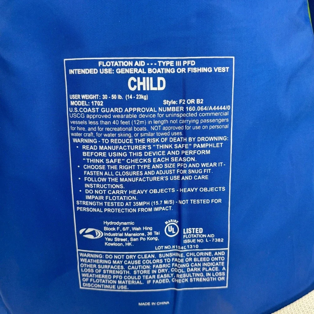 Maui Sons Child Life Vest PFD 30-50 lbs Blue Green USCG Approved Type III 1702